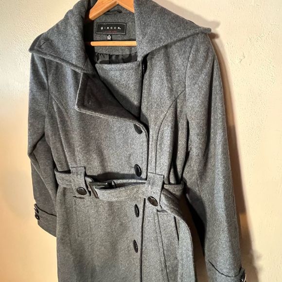 Giacca Wool Blend coat Belted Short Driving  StyleTrench Charcoal Gray size M - Picture 2 of 11